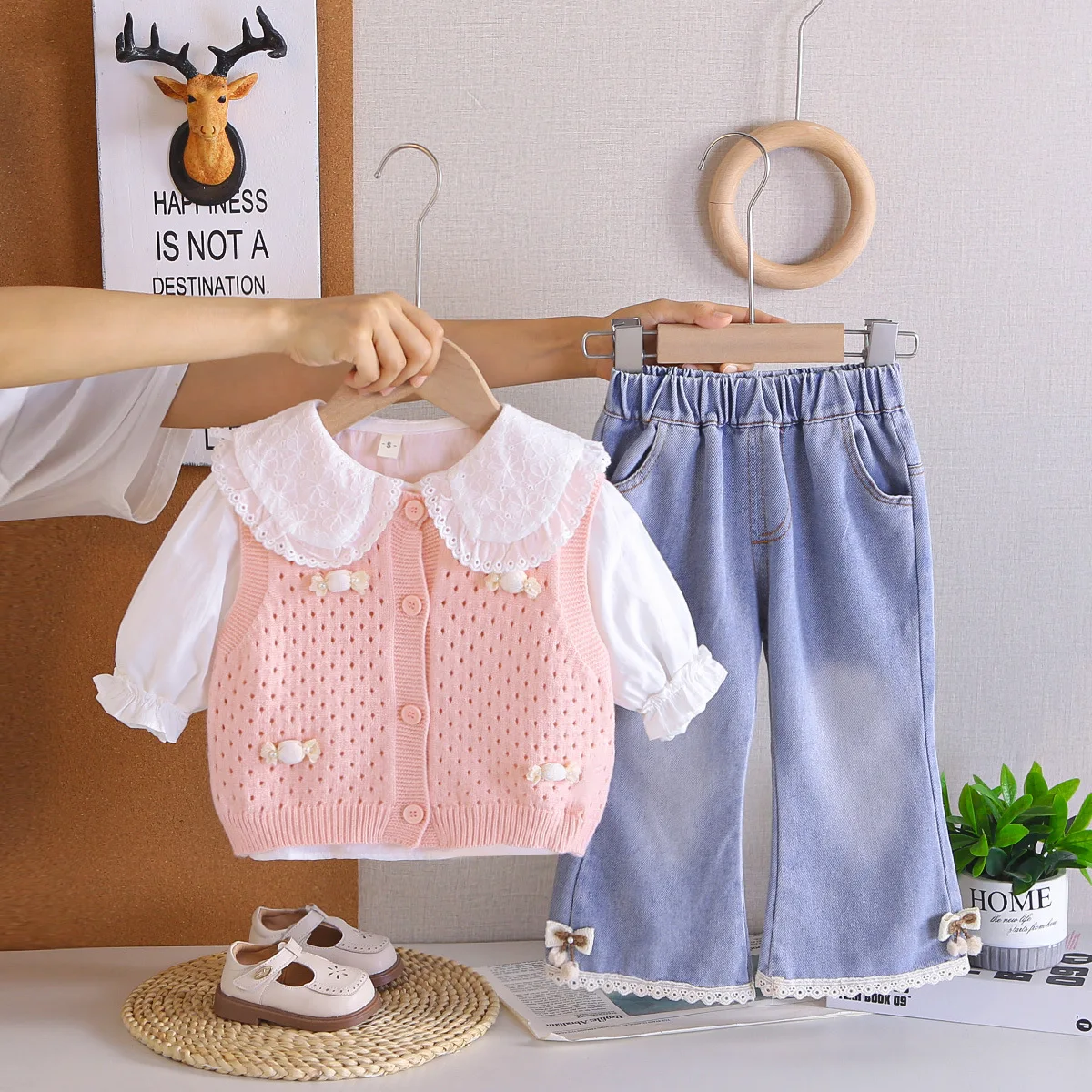 Girls Fall New Set 2026 New Kids Stylish Baby Girl Sweater Vest Three Piece Set Spring Autumn Clothes