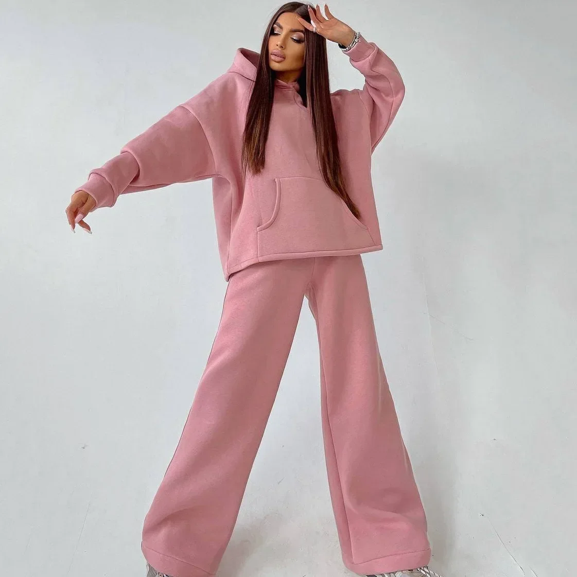 Women Two Piece Sets Pant Sets Hooded Loose Matching Sets Sweatshirts Hoodies Splice Autumn Winter Tracksuit Long Pants Set