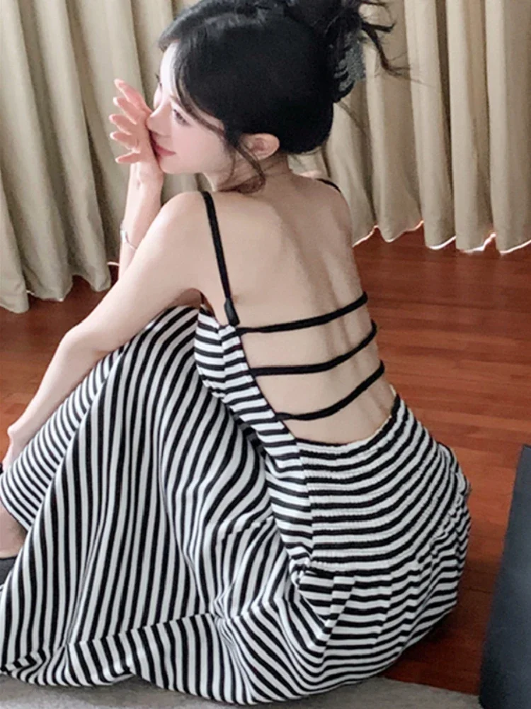 

Sexy Backless Long Dresses Stripes Spring Summer Korean Fashion Vestidos Largos Contrast Color A-line Women Dress