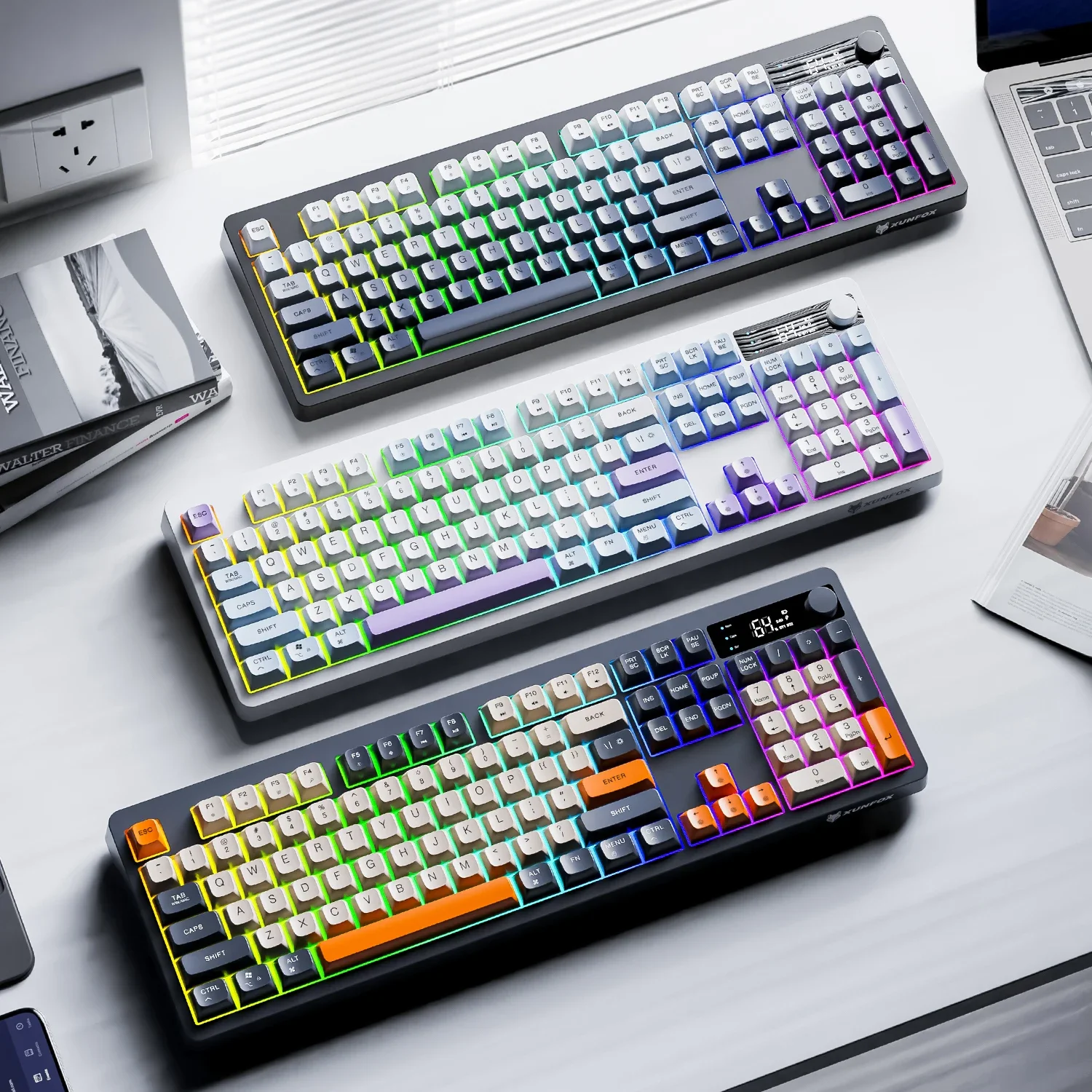 

Xunfox TK100 Bluetooth беспроводная двухрежимная RGB-подсветка клавиатура PBT электронный экран для нескольких устройств 2000 мАч игра/офис