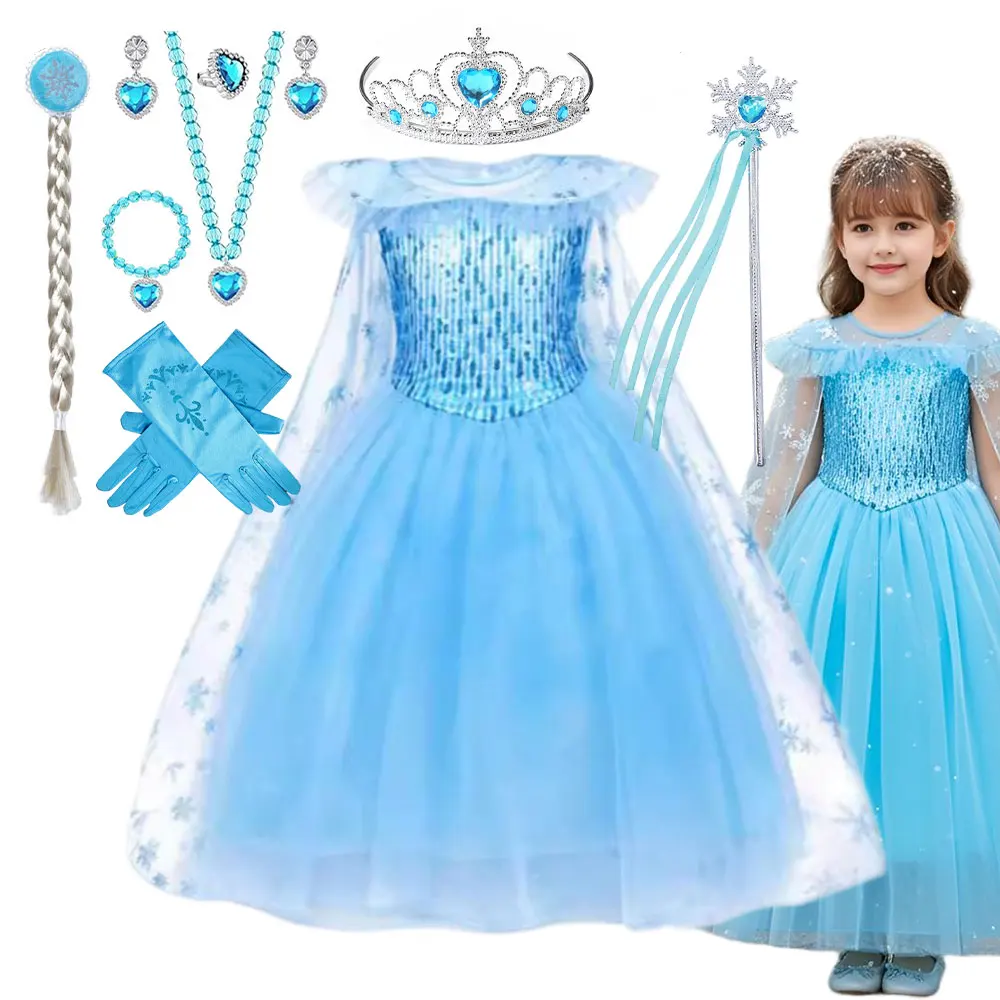 Girl Summer Vestidos Blue Sequin Princess Dress Snowflake Cape Design Elsa Role Play Costume Halloween Snow Queen Cosplay Gown