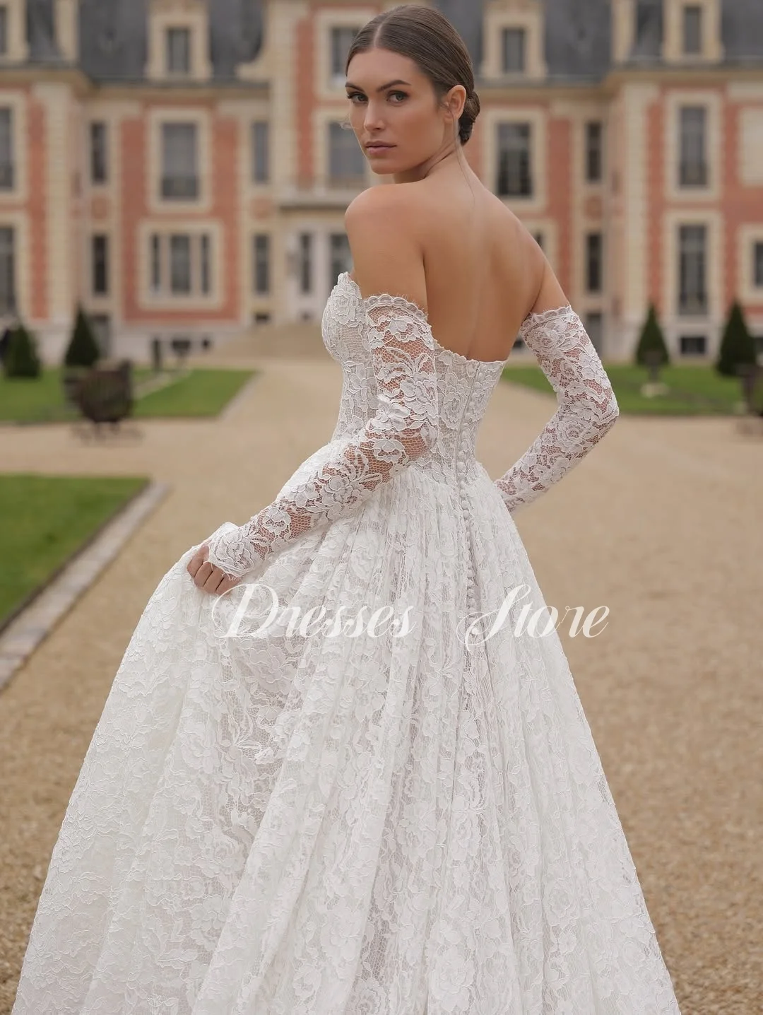 MD New Exquisite A-line Wedding Dress Off Shoulder Lace Sweep Train Bridal Gown Detachable Sleeves Customized vestidos de novia