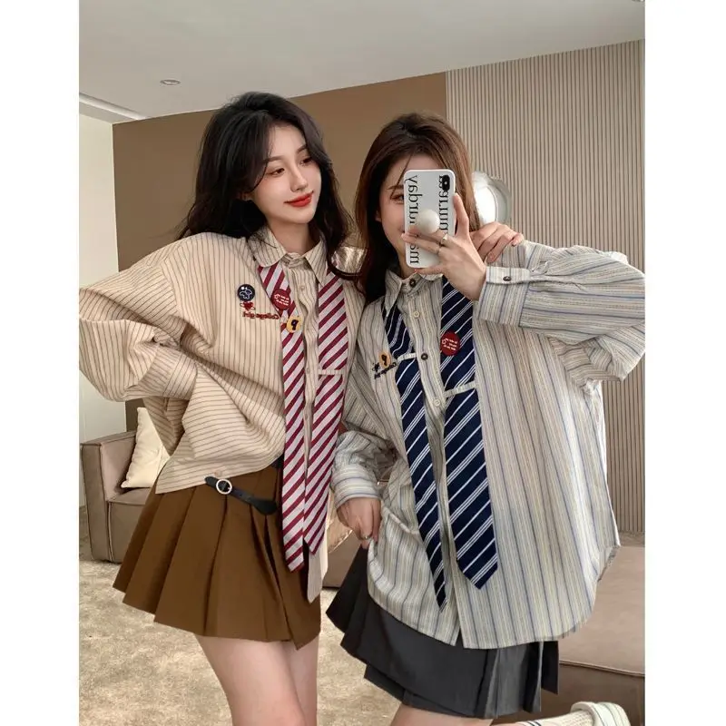 New Japanese Sweet Women Striped Shirts Cute Loose College School  Girls Long Sleeved Blouse Fashionable Teenage Tie Top  ﻿
