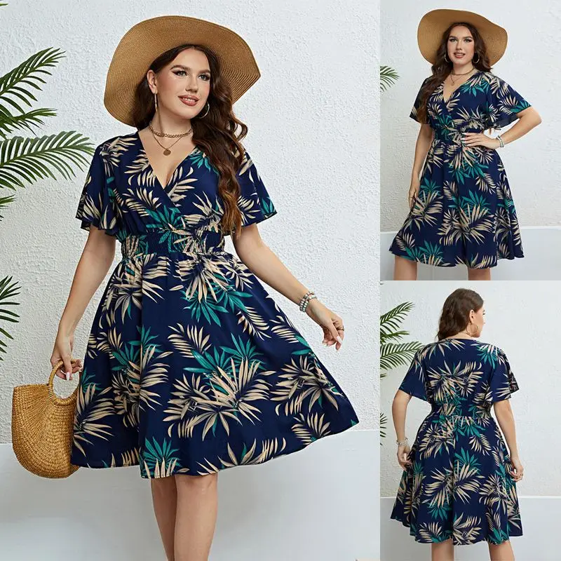 

Slimming plus Size Women's Summer Dress V-Neck Waist Cinched Midi A-Line Dress Casual Comfortable Fit for plus Size Ladies