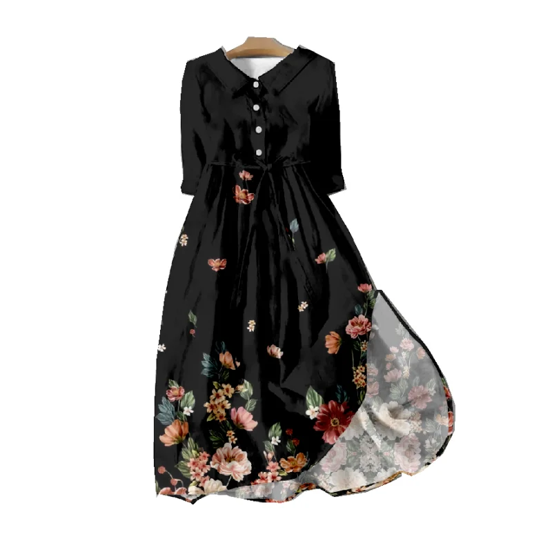 Lady Knee-length Button Dresses With Lapel Waist Strap Mid-length Sleeve Flower Floral Dress Field Style For Women V-neck Dress