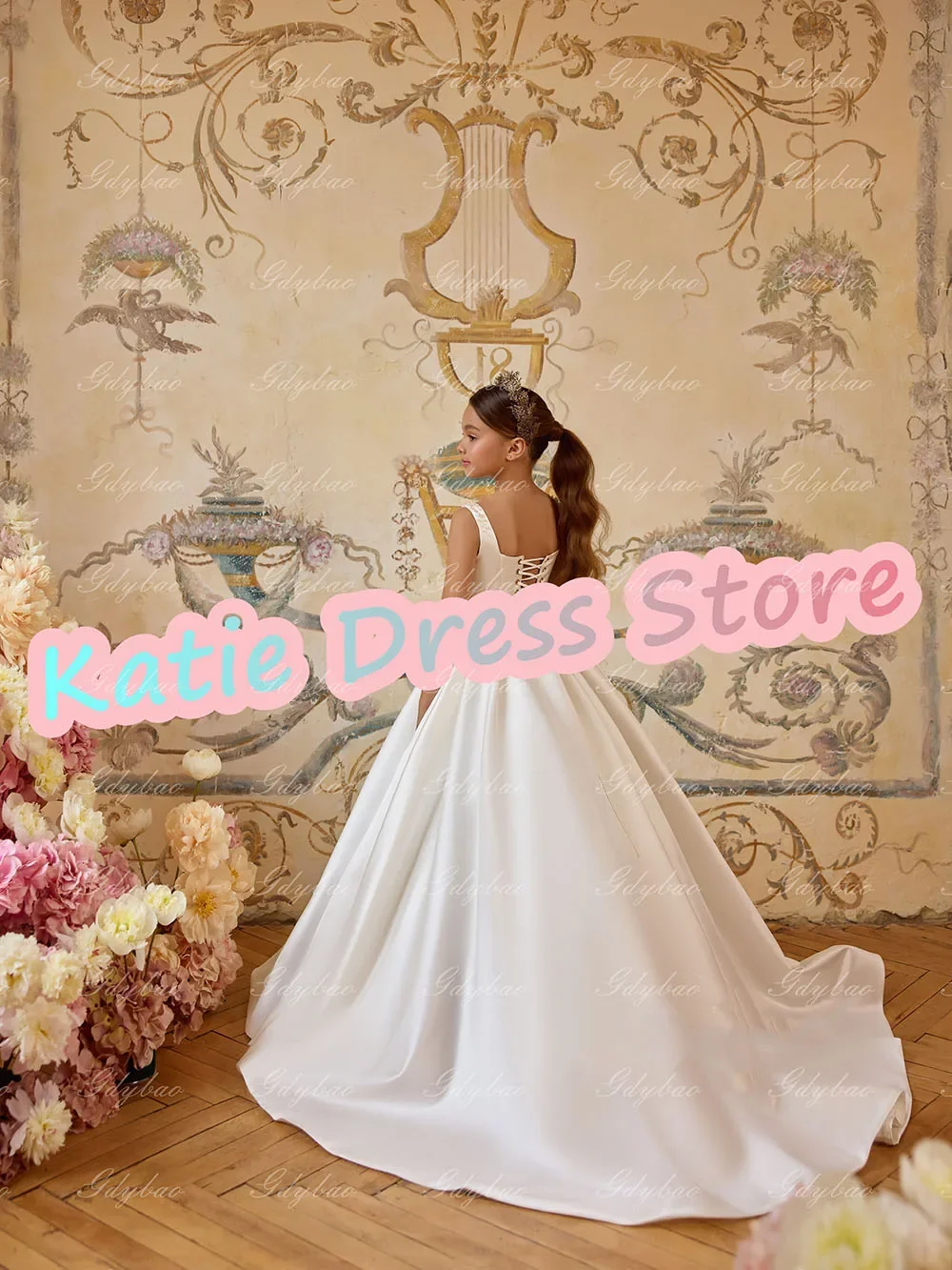 Customized White Flower Girl Dress for Wedding Satin Pearls Sleeveless Princess Kids Birthday Party First Communion Ball Gowns