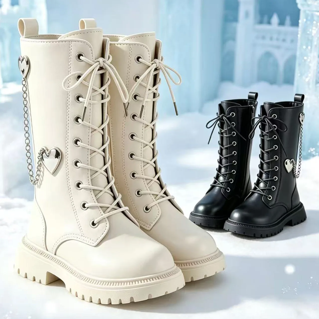 New Autumn Winter Kids Chelsea Boots Girls Fleece-Lined Non-Slip Long Boots Lightweight Comfortable Casual High Boots Children