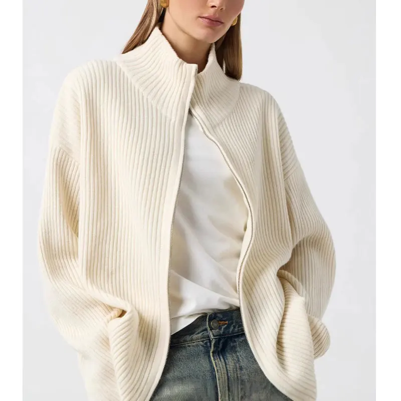 

Высококачественный женский вязаный бежевый серый свитер с воротником-стойкой, пальто на молнии, теплые толстые кардиганы, топы для женщин, свитер