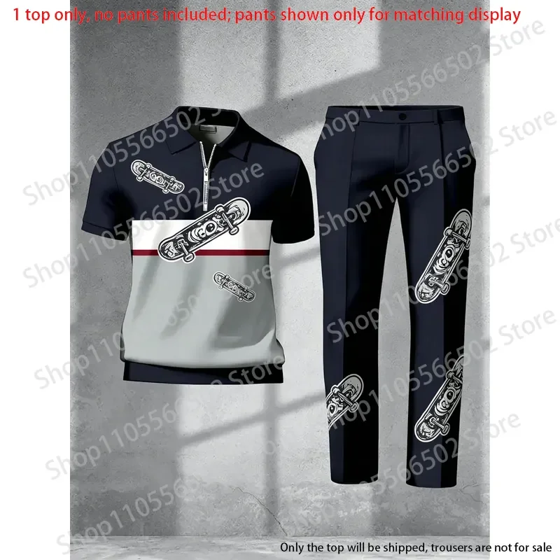 1 top (without pants)-Men's half zip polo shirt,3D vintage skateboard color block print,summer trendy breathable