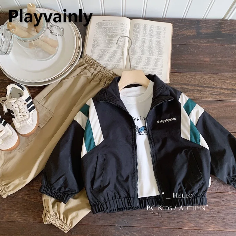 

2025 New Spring Autumn Child Color Blocking Casual Jacket Black Zipper Stand Collar Long Sleeve Coats Boy Girl Outerwear A0311
