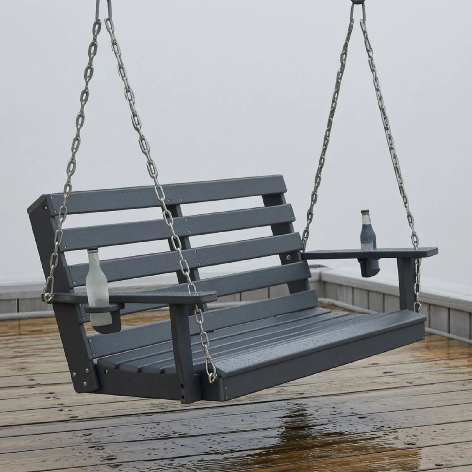 2 Seat Swing Bench Plastic Wood Two-Person Swing Bench Metal Chain Hanging System Cup Holders for Patio, Garden