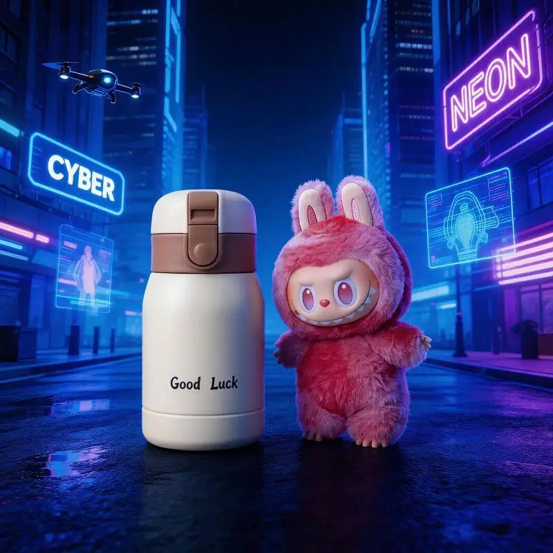 POP MART THE MONSTERS Serie Forward High Energy, Termo LABUBU con Diseño de Desayuno, Botella Térmica al Vacío para Bebidas