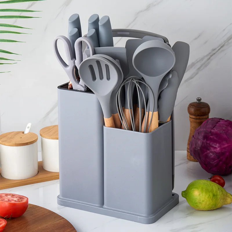 

Hot Selling 19-piece Set of Silicone Kitchen Utensil Set With Wooden Handle and Cutting Board Storage Bucket Kitchen Gadget Set
