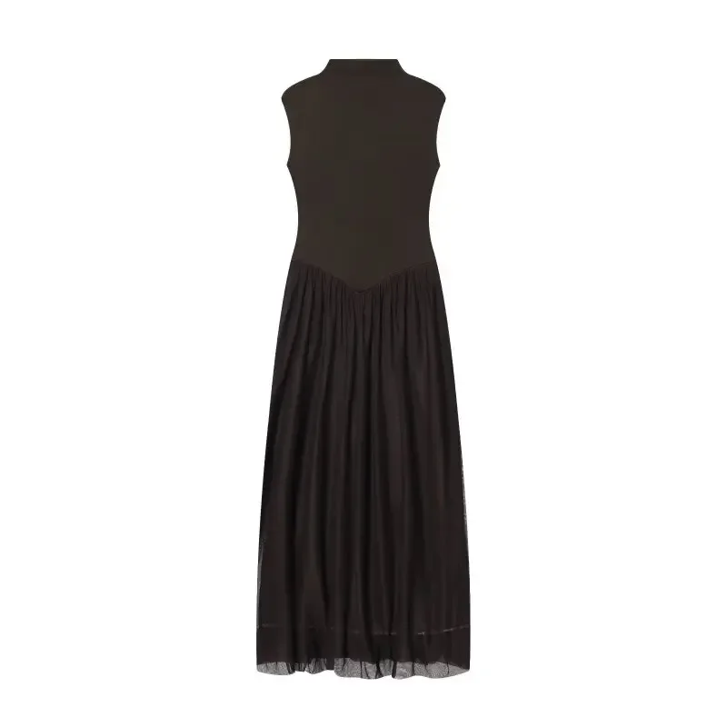 프랑스 실크 네트 스플라이싱 롱 베스트 드레스 여름 여성 민소매 슬림핏 탑 루즈핏 하의 스트리트웨어 드레스