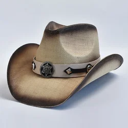 Słomkowy styl zachodni czapki dla mężczyzn kobiet lato kapelusz przeciwsłoneczny na plażę Vintage Curled Cowgirl jazzowy kapelusz Sombrero Hombre