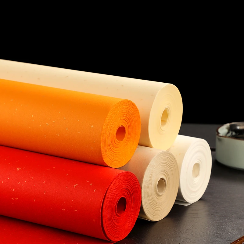 

Xuan Paper Roll 34cmX20 m with Golden Point Chunlian Duilian Rice Paper Couplets for Calligraphy Practice, Half Raw Ripe Xuan