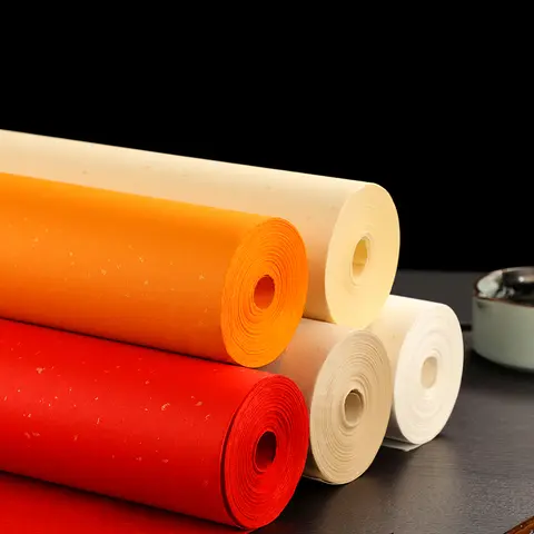 Bilashmart Xuan Paper Roll 34cmX20m with Golden Point Chunlian Duilian Rice Paper Couplets for Calligraphy Practice, Half Raw Ripe Xuan