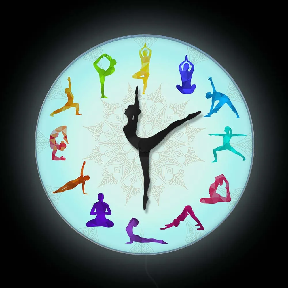 Colorful Yoga Pose Luminous Wall Clock For Yoga Fitness Room Gymnastic Pose LED Lighted Neon Sign Wall Clock Bedside Night Lamp