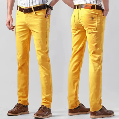 Imagen 2 del producto Pantalones ajustados para hombre, informales, coloridos, primavera y otoño, nuevos Pantalones rectos, pantalones elásticos de algodón a la moda, rojo, amarillo y rosa, 2024
