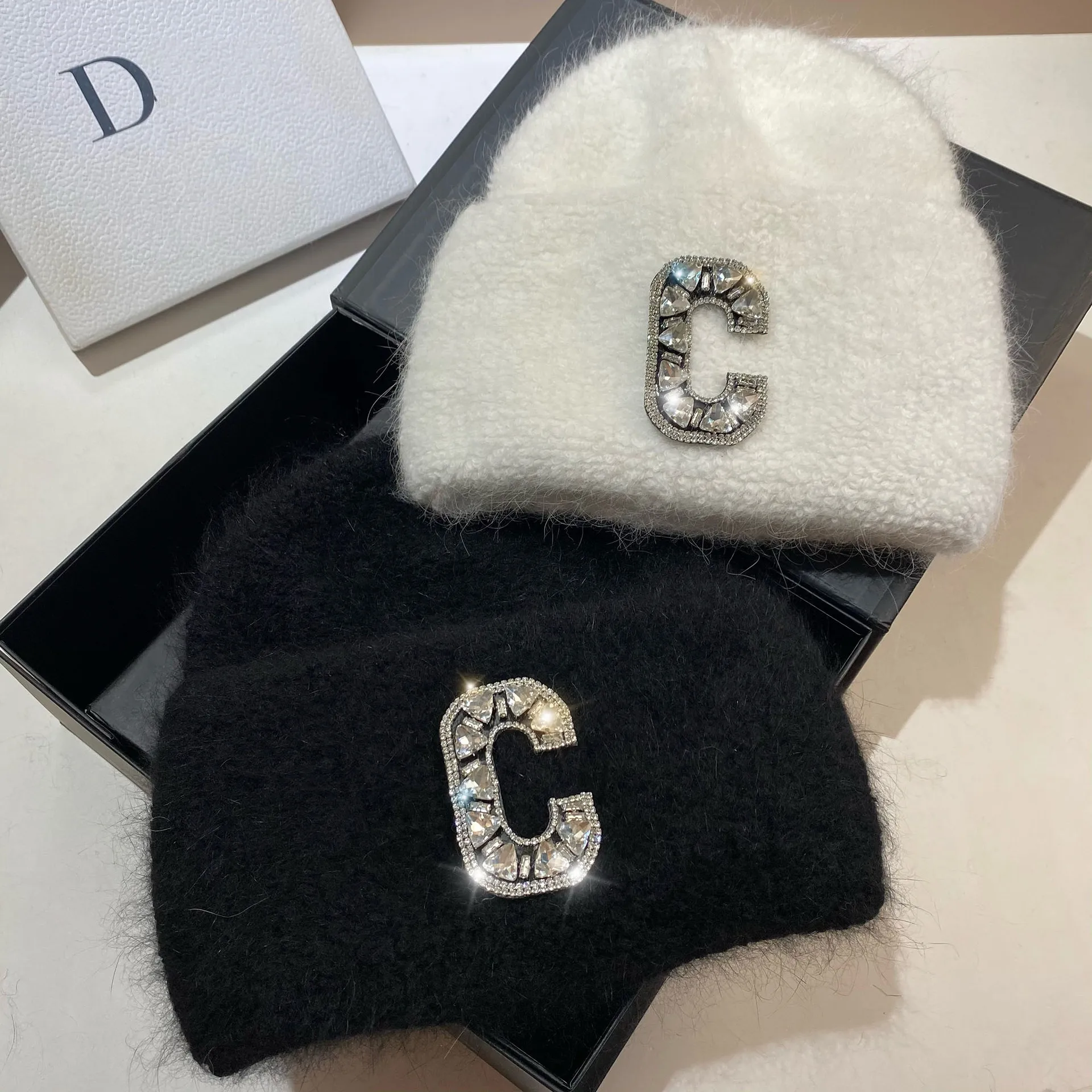 Luxury Rhinestones Letter C Women\'s Winter Beanie Real Rabbit Fur Knitted Hat Lady Warm Walking Bonnet Woolen Skullies Beanies