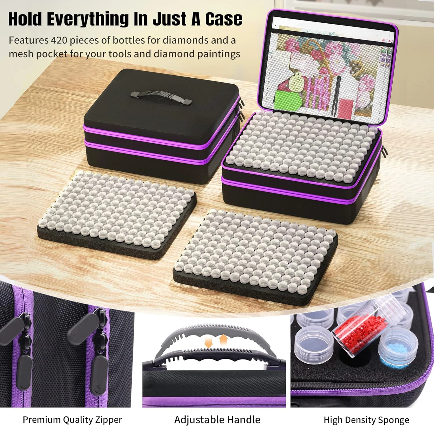 5D 420 Grids Diamond Painting Tools Kits Accessories 60 Bottles Container Sticker Carry Case Purple Storage Bag Grids Box Pen