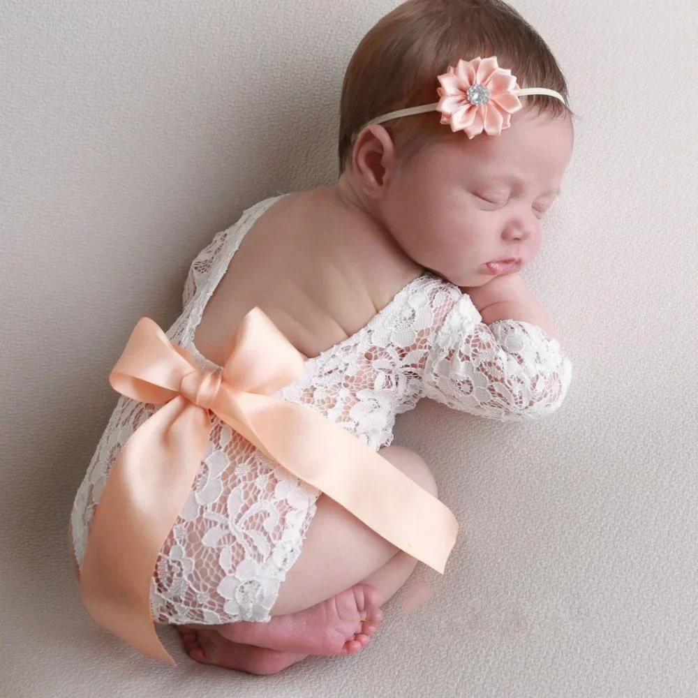 Baby Romper Deep V Backless Newborn Photo Photograph Props Lace Toddler Hollow Bow-knot Design Fotografia Accessories