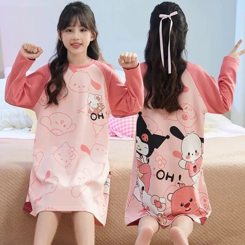 New Girl Sleeping Skirt Sanrio Kuromi Hello Kitty Kawaii Cartoon Gift Children Long Sleeves Leisure Wear Four Seasons Pajamas