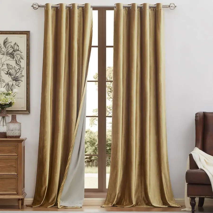 Cortinas Opacas de Terciopelo para Ventana, Color Dorado, 96 Pulgadas de Largo, Cortinas Oscurecedoras para Habitación, Aislantes Térmicas, con Ojales, para Sala de Estar