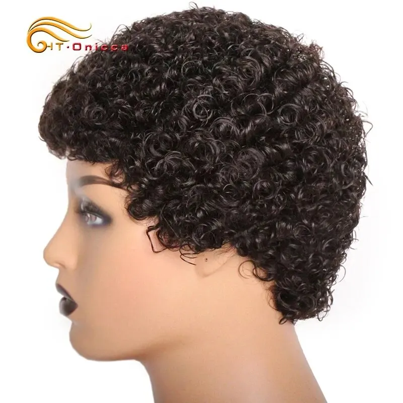 Short Afro Kinky Curly Wigs For Black Women African Fluffy Human Hair Wig Machine Made Brazilian Pixie Cut Hair Wig