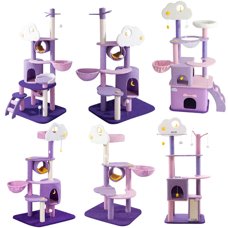 

Felt Purple Star Moon Pendant Design Cat Tree Play Sleep Integrate Sisal Climbing Scratcher Cat Tower And Condo For Indoor Cats