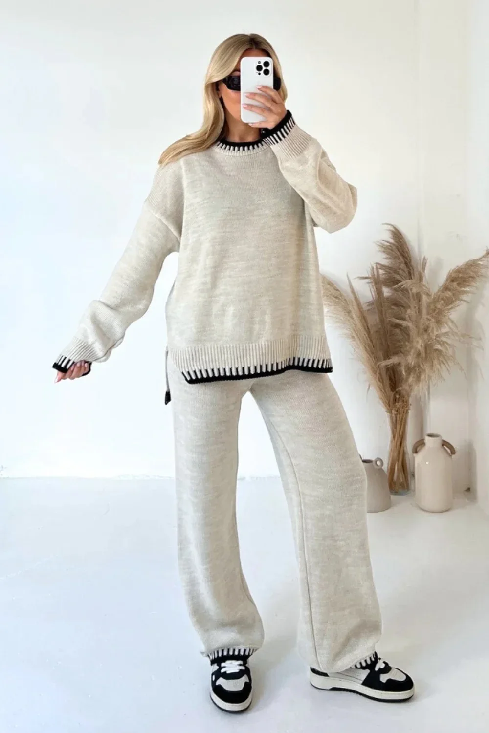 Stripe Knit Two Piece Set Women Casual Split O-neck Long Sleeve Sweater High Waist Pants Sets Female Loose Winter Lady Home Suit