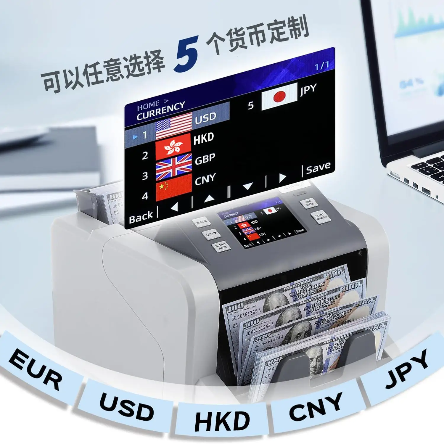 US Dollar Euro Ringgit Singapore Foreign Currency Banknote Counting Machine Total Amount Multi-currency Banknote Detector