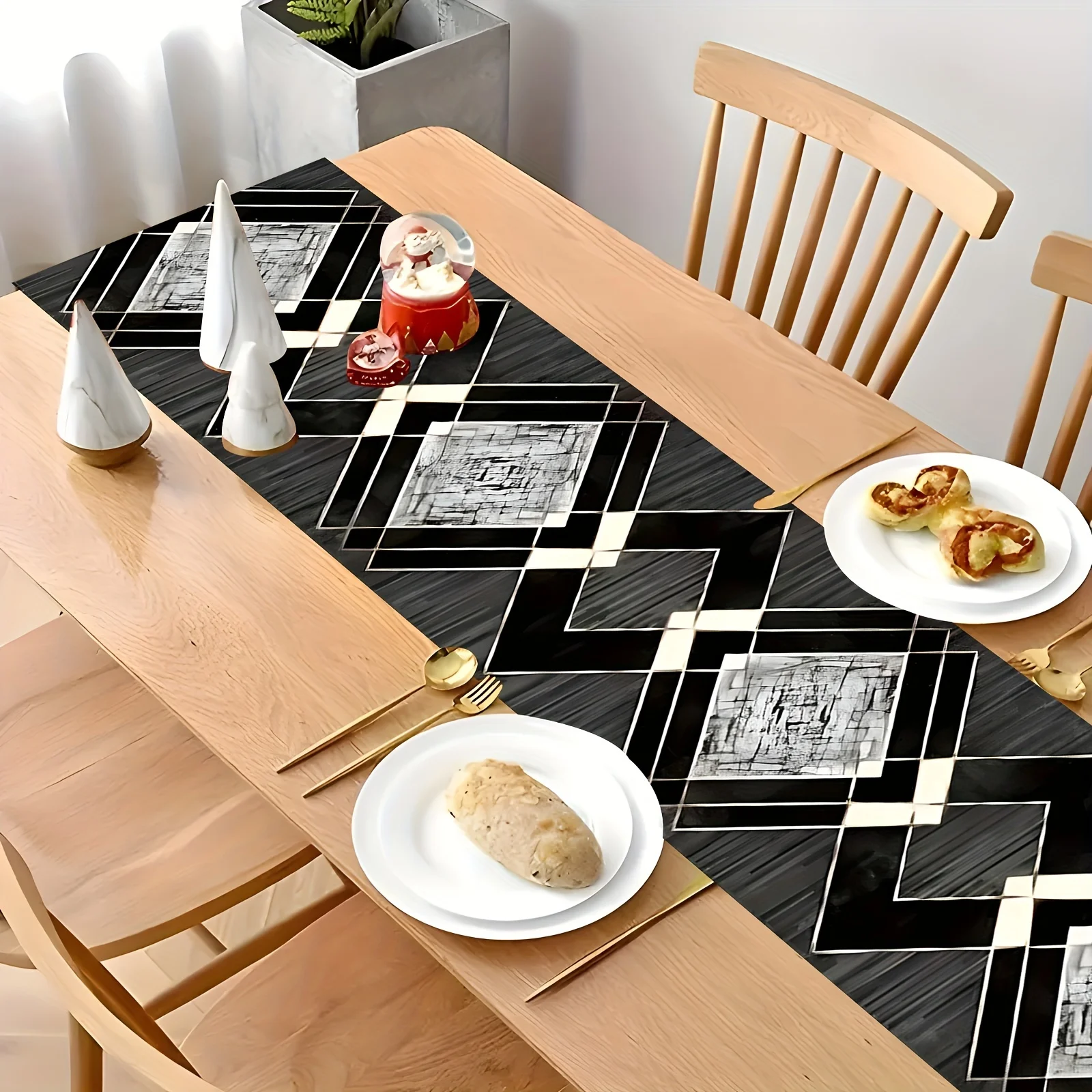1 Piece of Black and White Geometric Theme Table Runner, Diamond Pattern, Suitable for Industrial Style Parties, Modern Art Exhibitions, and Black and White Themed Gatherings