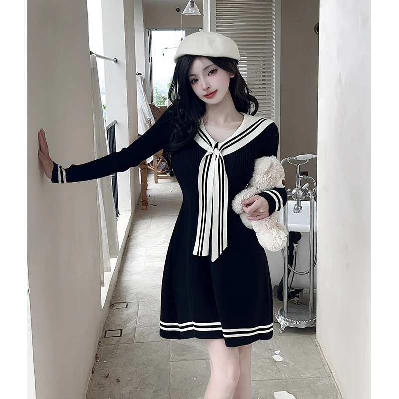 Kawaii Nero Lavorato A Maglia Mini Vestito Delle Donne Giapponese Lolita Collare Alla Marinara Abiti Invernale Y2K A Righe Manica Lunga Aderente Abiti Nuovo