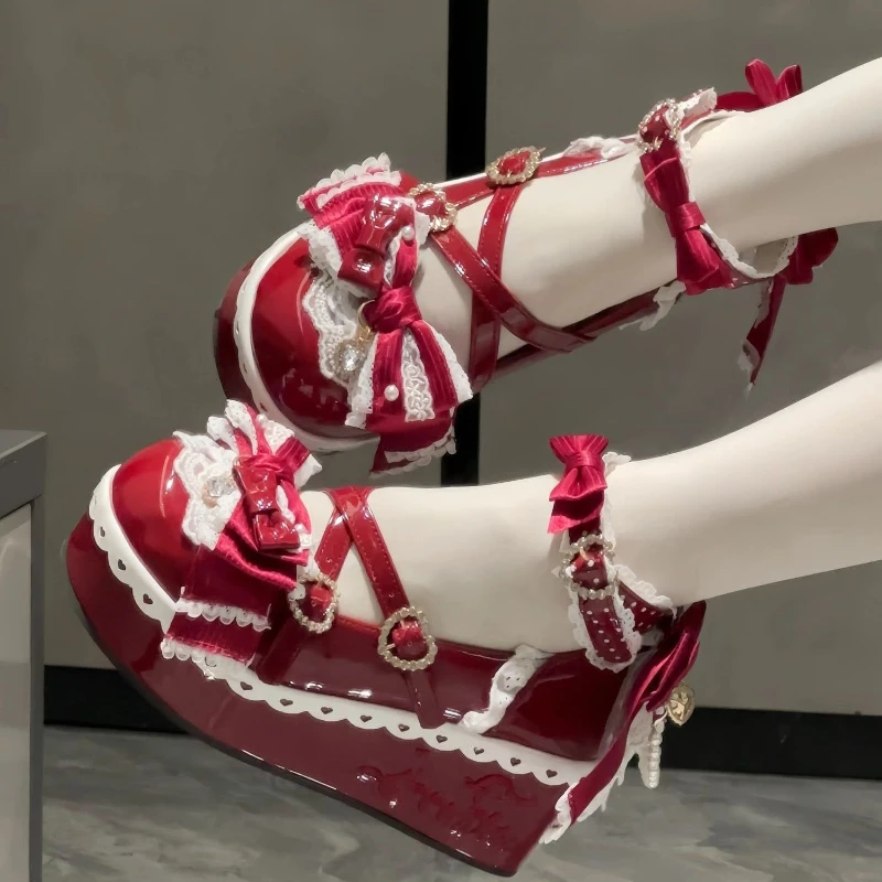 Japanese Kawaii Style Lolita Shoes Women Sweet Cute Lace Bow Sponge Cake Shoes Harajuku Y2k Shallow Mouth Single Shoes Mary Jane