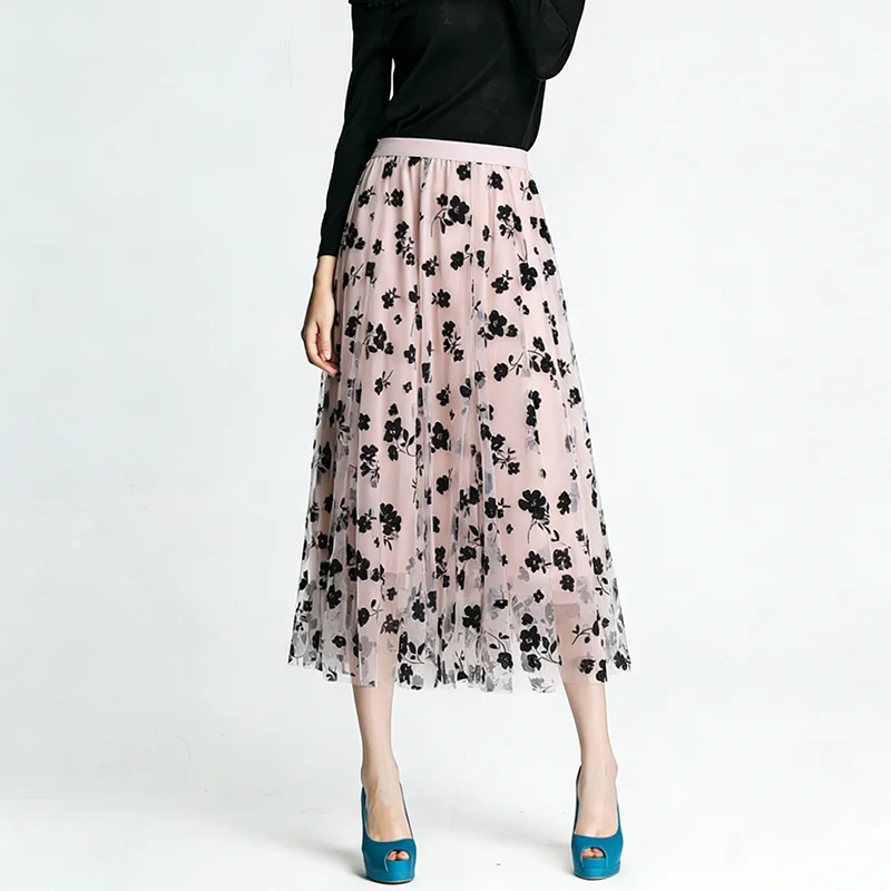 

New High-quality Elastic High Waist Mesh Printed Pleated A-line Skirt For Women Fashion PY26026