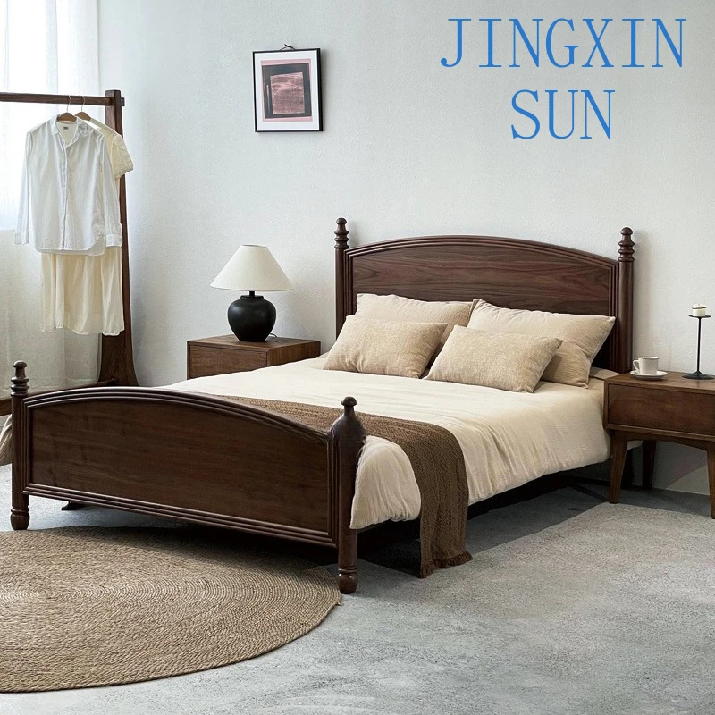 All Solid Wood Bed Frame for Modern Home Bedroom Light Luxury Black Walnut Double Bed 1.5m Platform Bed Frame for King Size