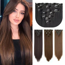 Extensiones de Cabello sintético largo y recto para mujer, 16 Clips, fibra de alta temperatura, negro, marrón, Rubio, 7 piezas por juego