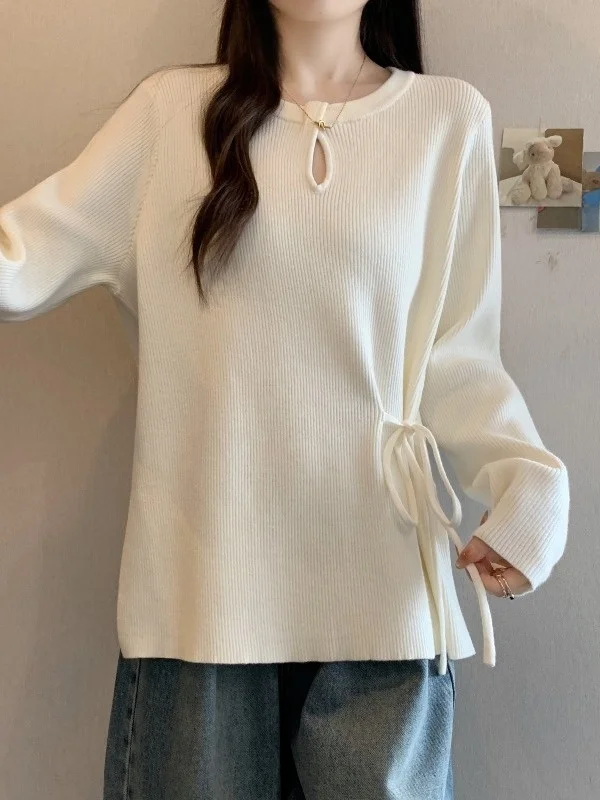 

Women's Knitted Long Sve Belted Waist Design Sensation Top Spring 2026 plus Size Conceals Belly Soft Loose Fit Base irt