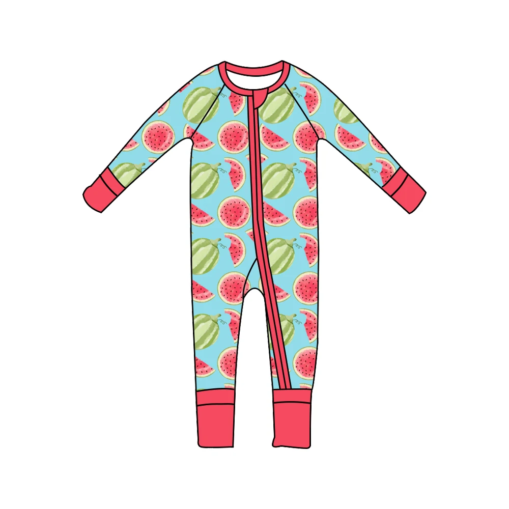 

Boutique children's rompers crew neck Long sleeves and trousers zipper design watermelon print custom and wholesale