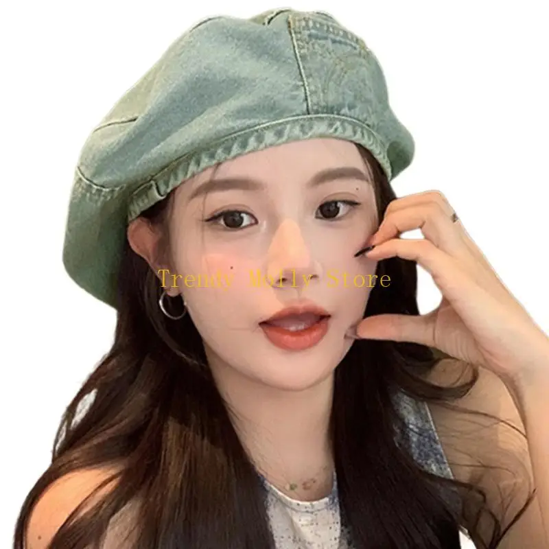 N5KB Fashion Sun Hat Teens Girls Denims قبعة بيريه قبعة ناعمة مقاومة للرياح غطاء الرأس