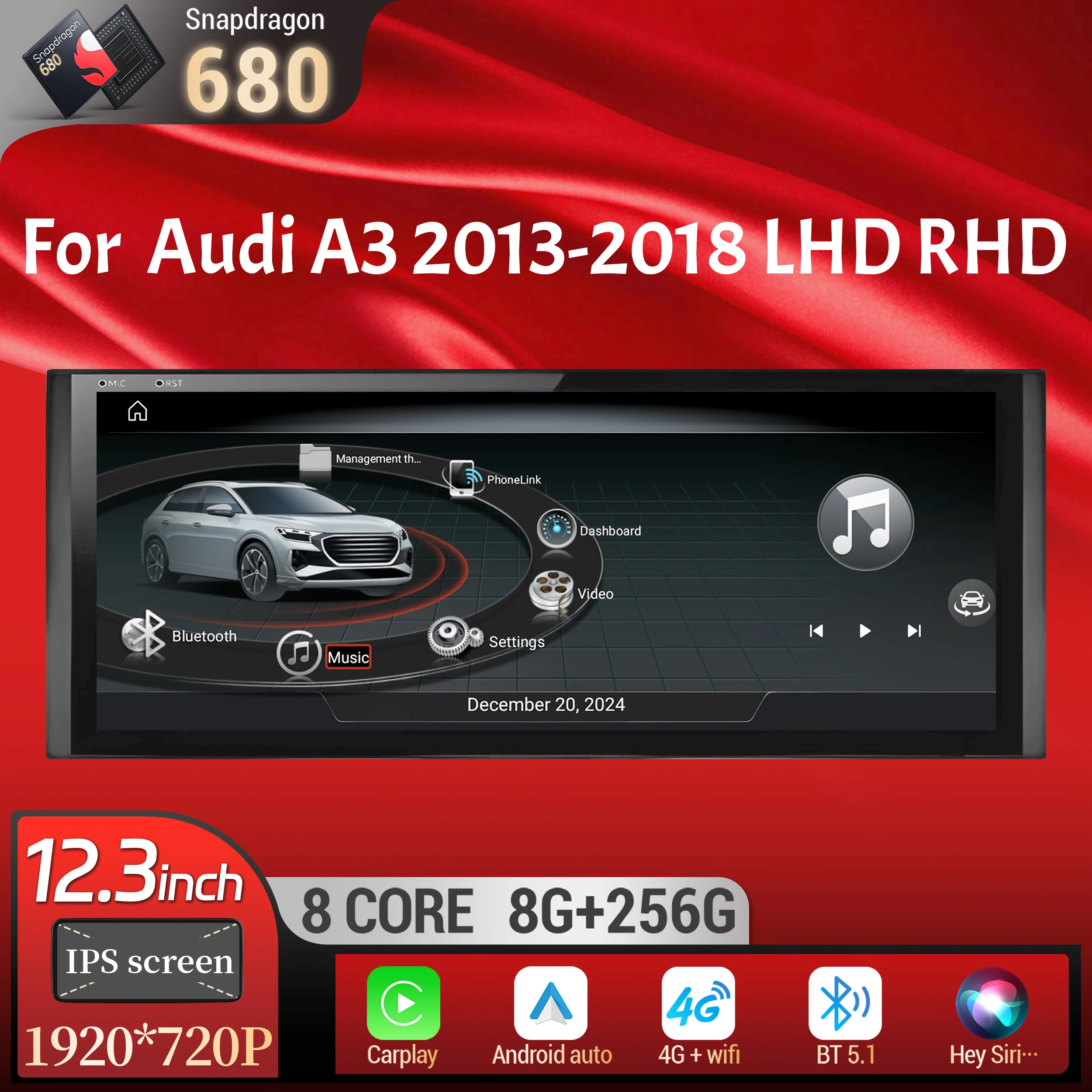 12.3 inch For Audi A3 2013-2018  Android 13 Car Radio Wireless Bluetooth Carplay Qualcomm Snapdragon 680 System Head Unit Screen