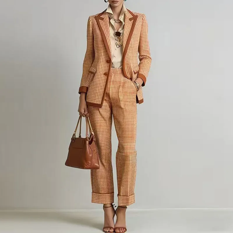 Vintage Plaid 2 Piece Suit Ladies Contrast Trim Lapel Rolled Cuff Blazer & Straight Trousers Set Matching Office Business Outfit