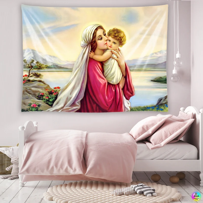 Mother of God Mary Tapestry Jesus Wall Decor  Medieval Decoration Hanging Room For Bedroom Vintage Macrame Angel Mural Aesthetic