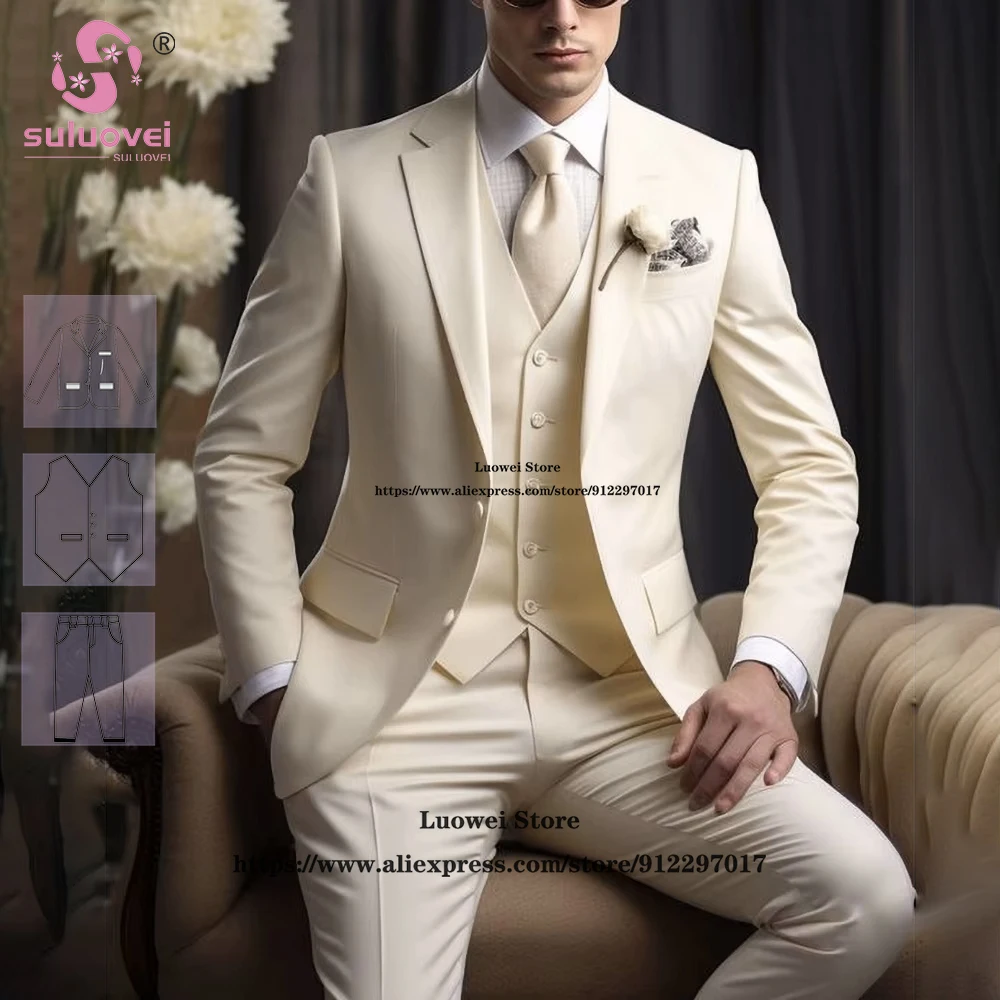 

Fashion Slim Fit Suits For Men Elegant 3 Piece Jacket Vest Pants Set Formal Groom Wedding Dinner Tuxedo Traje De Hombre Elegante