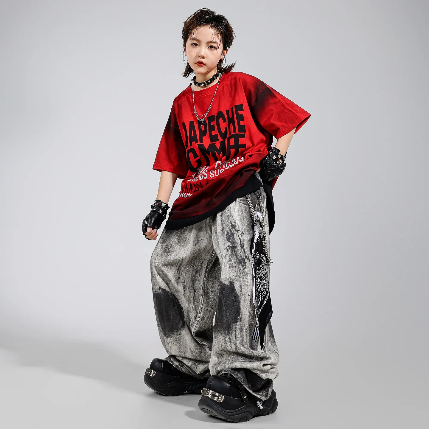 Ropa de Hip Hop Kpop para chico, camiseta con letras rojas, pantalones de pierna ancha informales pintados con aerosol para niña y niño, Ropa de baile, disfraces