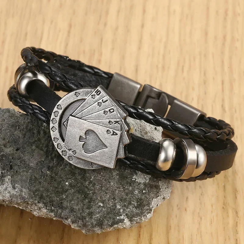 Men's Leather Bracelets Vintage Lucky Poker Card ID Stars Bar Charm Multilayer Strand Bracelet Male Jewelry Gift image 5