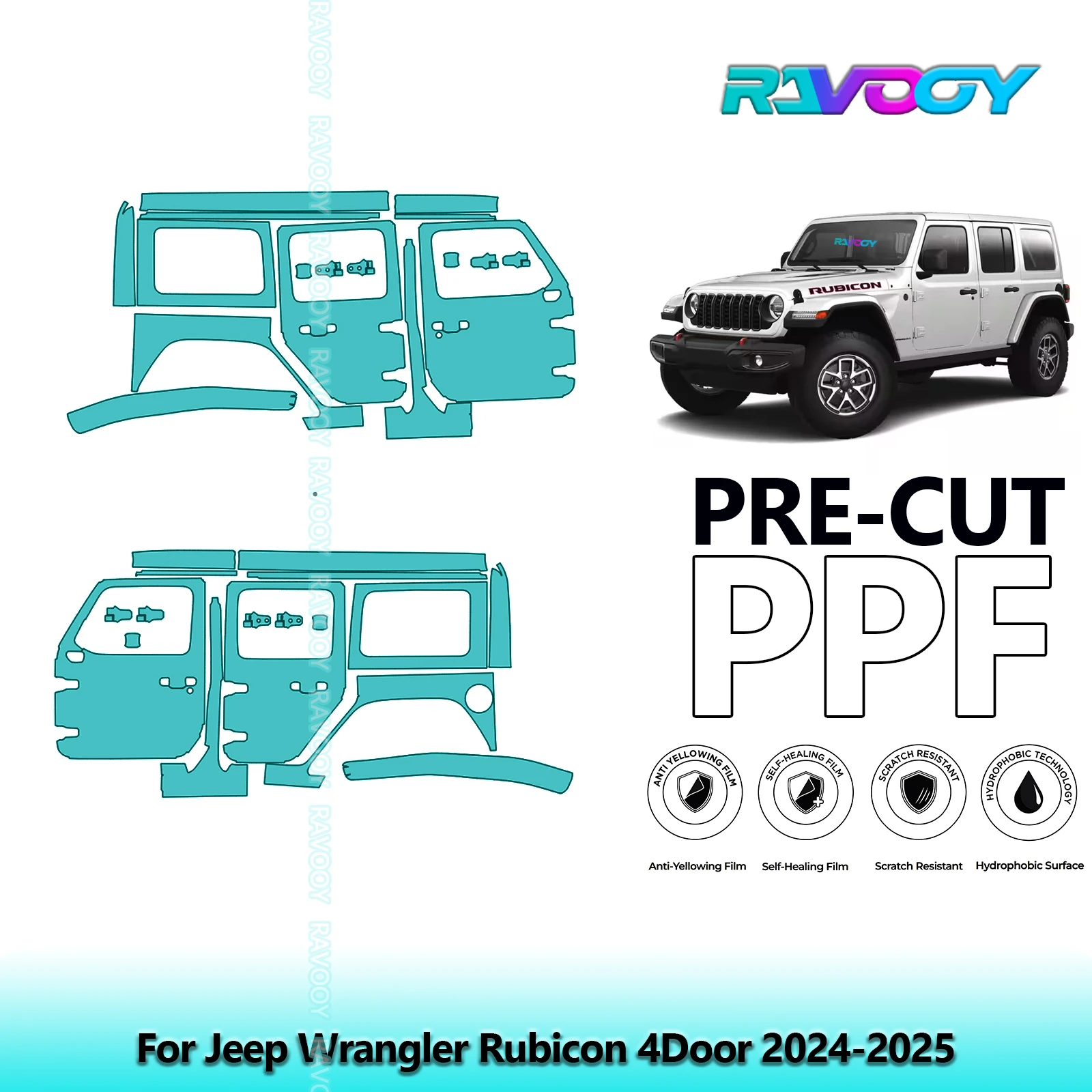

For Jeep Wrangler Rubicon 4Door 2024-2025 8.5mil Clear Matte Pre-Cut PPF Door & A/B Pillar Kit TPU Paint Protection Film Set