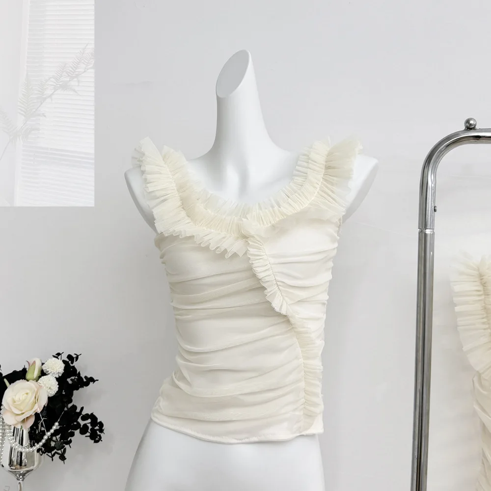 

2026 Temperament Elegant Sexy Mesh Off-the-shoulder Sleeveless Slim-fit Vest Summer Three-dimensional Pleated Design Light Top