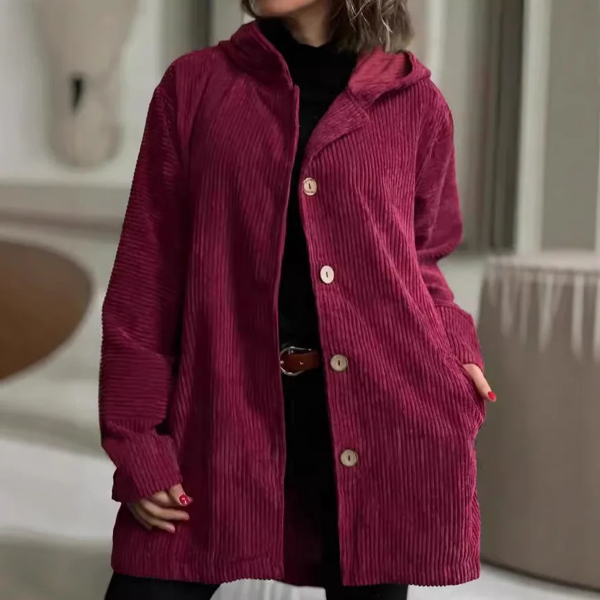 

Autumn Winter Women's Corduroy Warm Loose Hooded Jacket Coat New Street Style Button Long Sleeved Cardigan Sweatshirt
